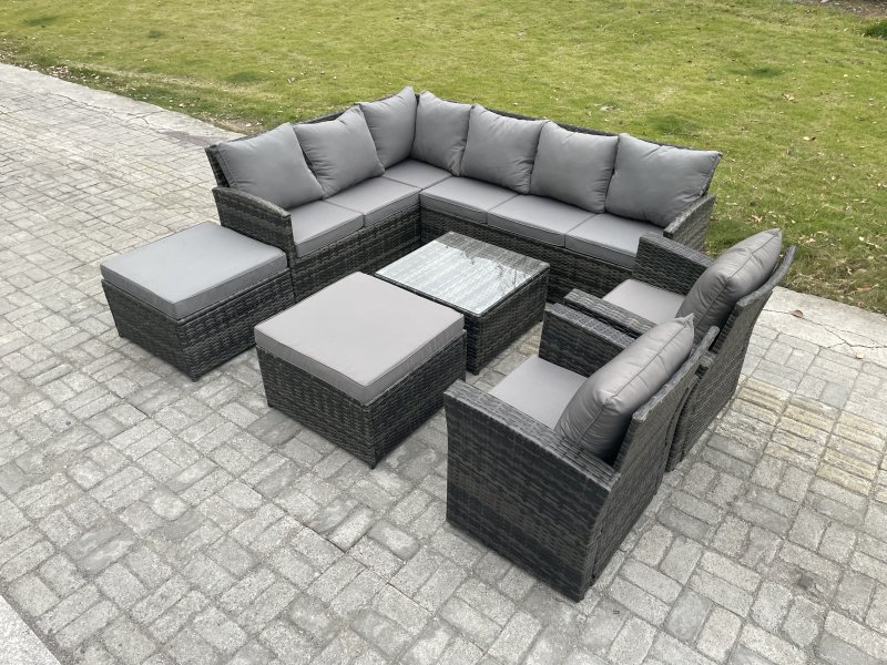 Fimous 10 Seater Outdoor Garden Furniture Set Wicker PE Rattan Corner Sofa Set with Square Coffee Table 2 Big Footstool 2 Armchairs Dark Grey Mixed