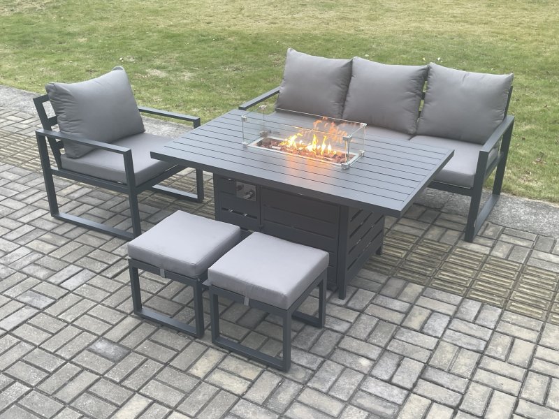 Fimous Aluminium Outdoor Garden Furniture Set Gas Fire Pit Dining Table Set Gas Heater Burner with 2 Small Footstools Dark Grey 6 Seater