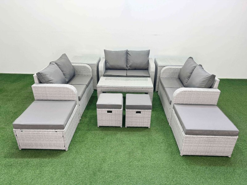 Fimous PE Wicker Rattan Furniture Sofa Sets with Oblong Coffee Table Love Sofa 4 Stools 2 Side Table Light Grey Mixed