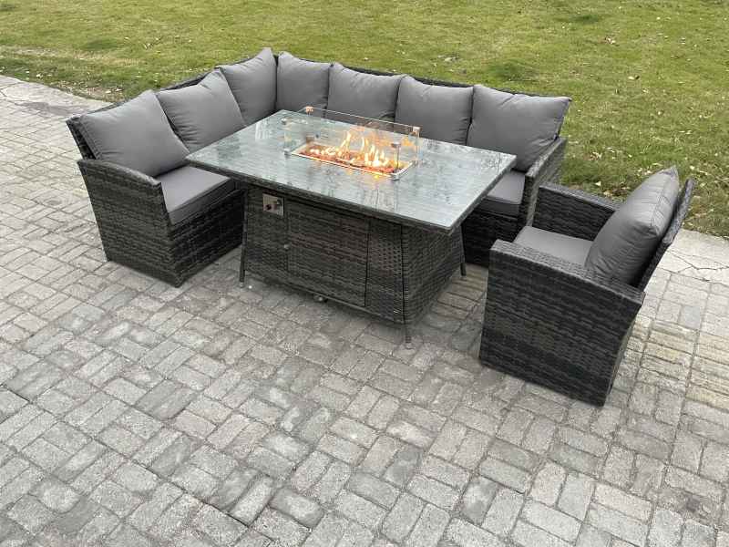 Fimous Rattan Garden Furniture High Back Corner Sofa Gas Fire Pit Dining Table Sets Gas Heater with Armchair 7 Seater Dark Grey Mixed