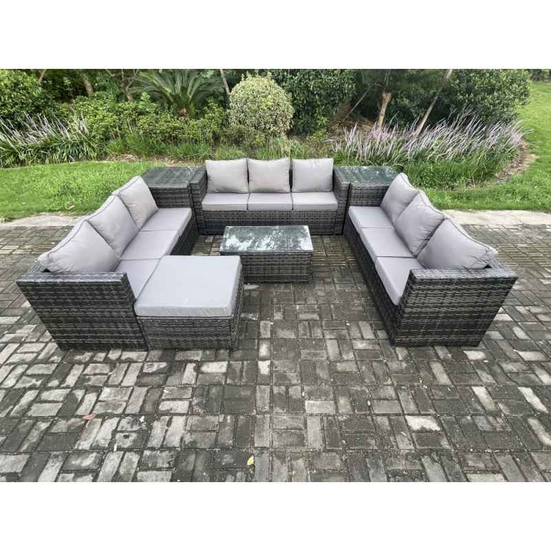 Fimous 10 Seater Outdoor Lounge Sofa Set Wicker PE Rattan Garden Furniture Set with Oblong Coffee Table 2 Side Tables Big Footstool Dark Grey Mixed
