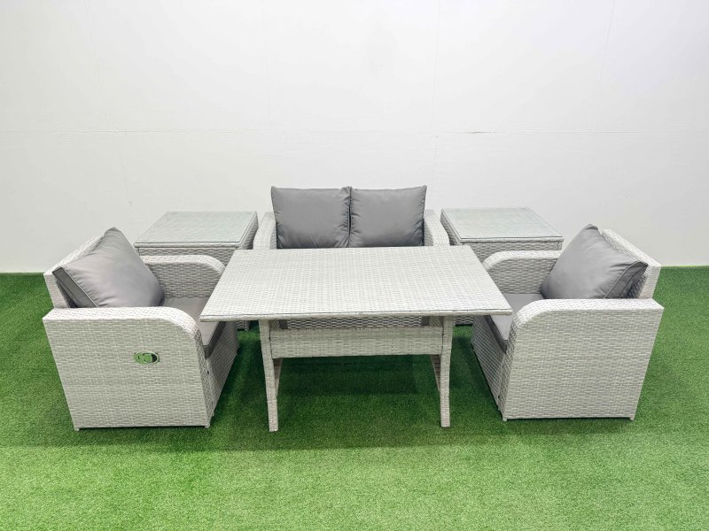 Fimous Light Grey PE Wicker Rattan Garden Furniture Set Sofa Set Reclining Chair Rectangular Dining Table 4 Seater With 2 Side Table