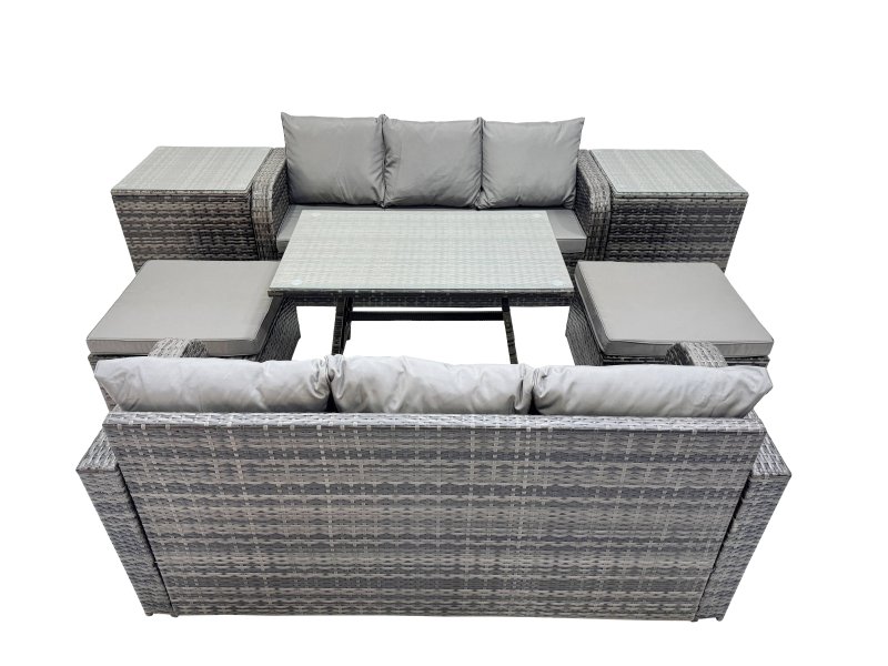 Fimous Garden Rattan Outdoor Furniture Set 8 Seater with 3 Seater Sofa 2 Side Table 2 Big Stools Dark Grey