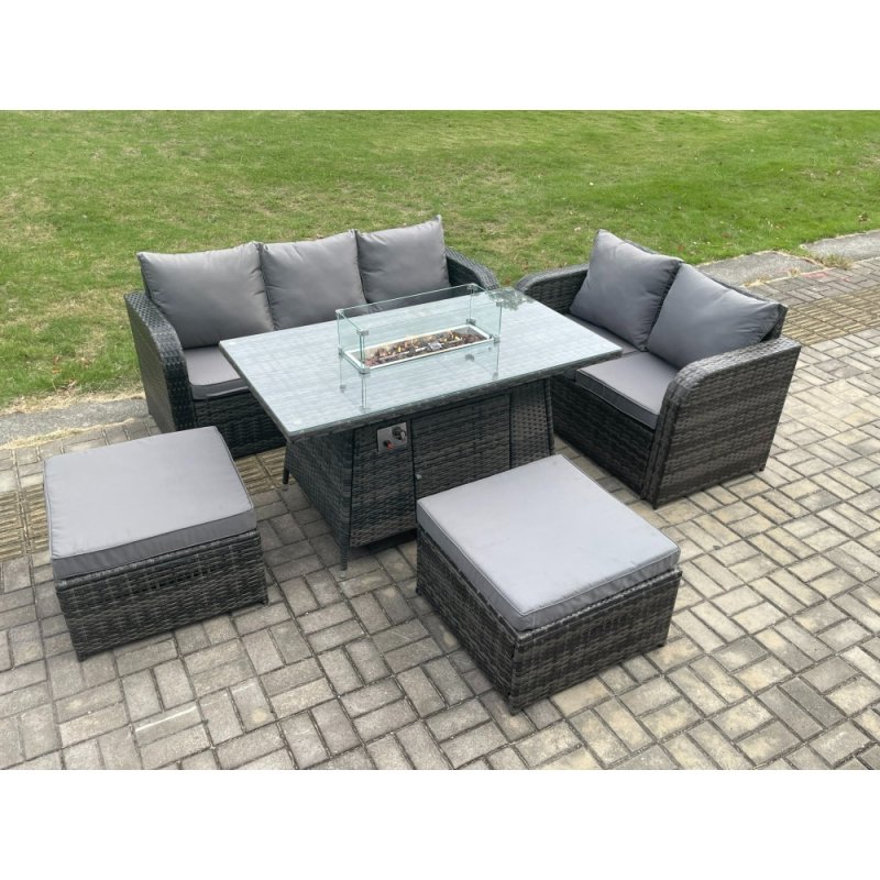 Fimous PE Wicker Outdoor Rattan Garden Furniture Set Propane Gas Fire Pit Table and Sofa set with 2 Big Footstool