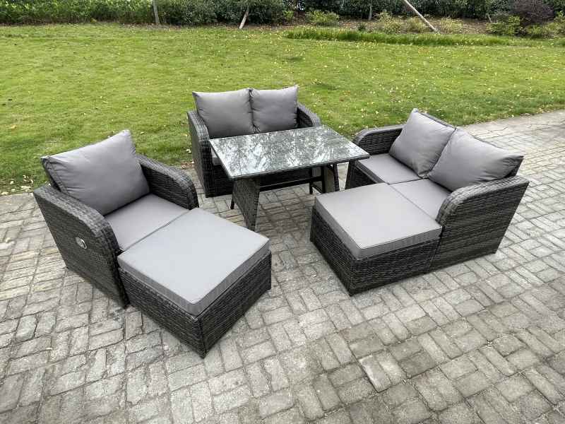 Fimous Outdoor Garden Furniture Sets 7 Seater Rattan Furniture Manual Wicker Patio Sofa Patio Conversation Set with 2 Big Footstool Dark Grey Mixed