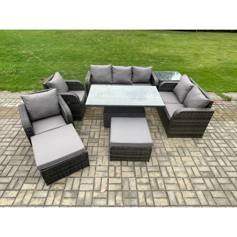 Fimous Outdoor Rattan Furniture Garden Dining Set Patio Height Adjustable Rising lifting Table Reclining Chair Sofa With Side Table 2 Big Footstools