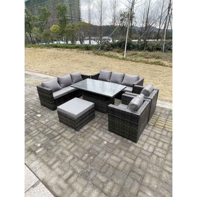 Fimous 9 Seater?Outdoor Rattan Garden Furniture Set Adjustable Rising Lifting Dining Table With Chairs Footstool Dark Grey Mixed