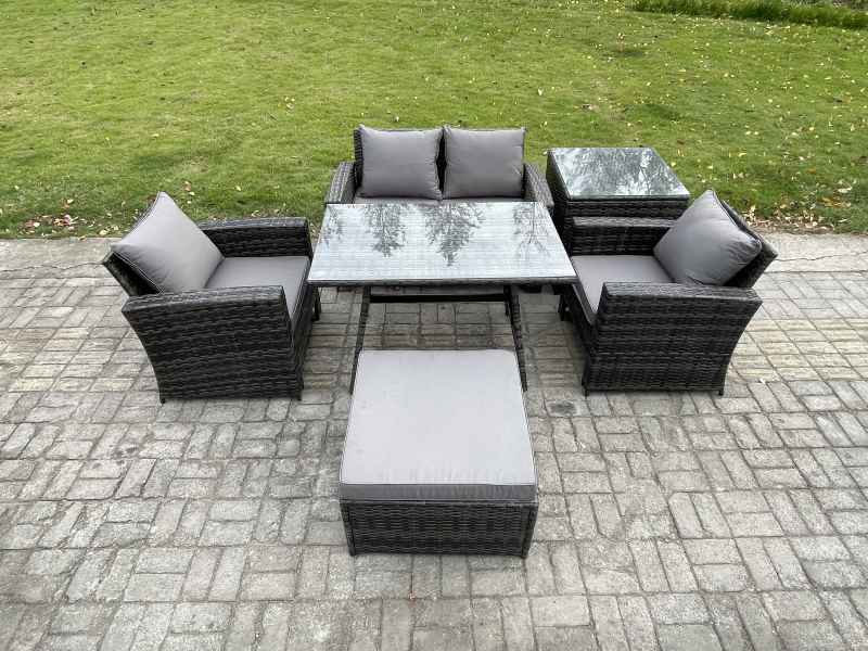 Fimous Outdoor Garden Furniture High Back Rattan Sofa Dining Table Set with Big Footstool Side Table Dark Grey Mixed
