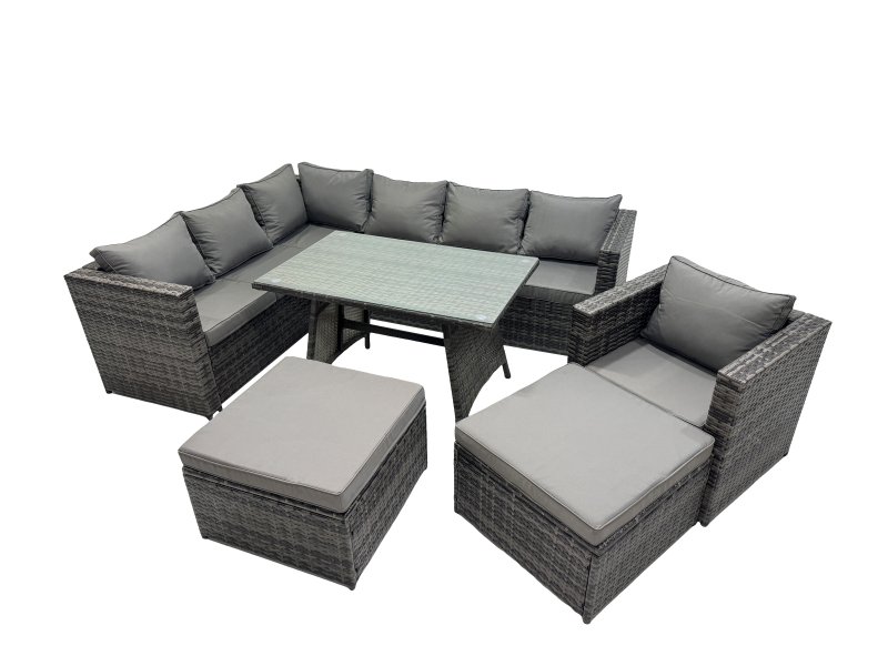 Fimous 9-seater Outdoor PE Rattan Sofa Set with Dining Table Patio Garden Furniture Sets with Chair 2 Big Stools Dark Grey Mixed