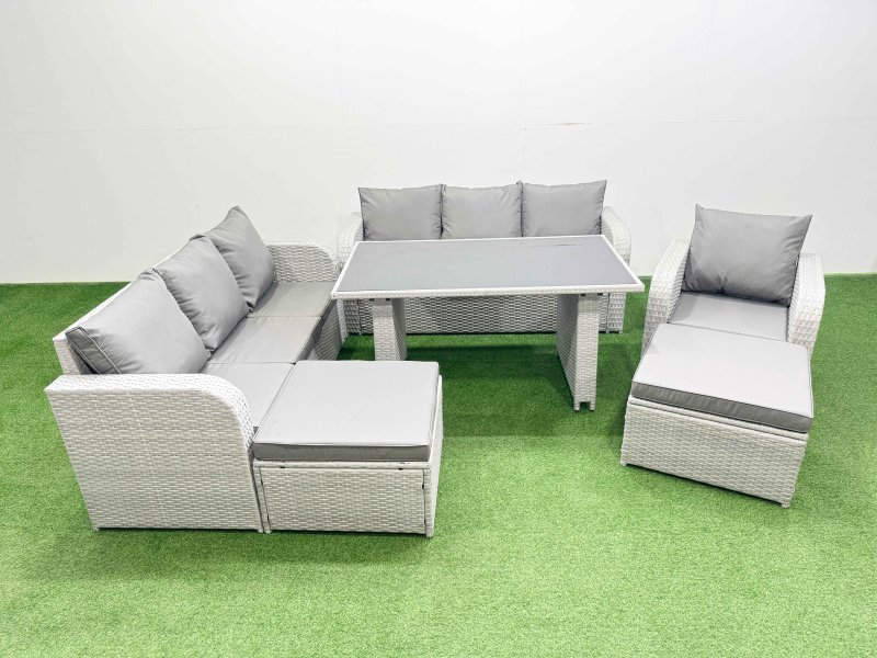 Fimous Rattan Garden Furniture Dining Set 9-seater Patio Rectangular Table Sofa Set with 2 Big Stools Light Grey