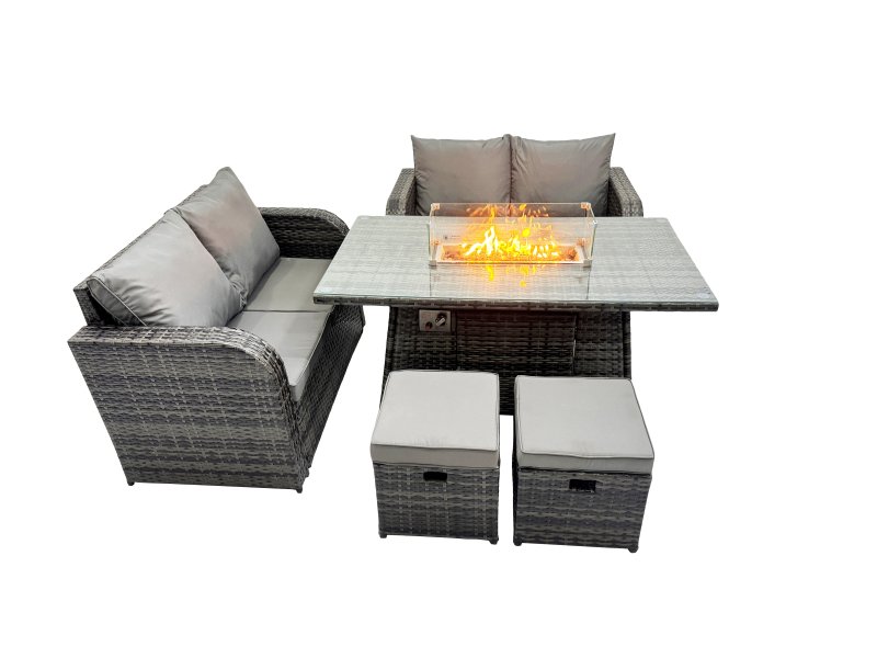 Fimous 6-seater Patio Gas Firpit Dining Table Sofa Sets Rattan Garden Furniture Dining Set with 2 Small Stools Dark Grey Mixed