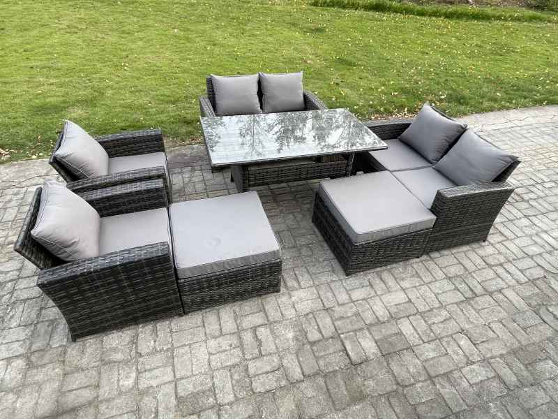 Fimous 8 Seater High Back Outdoor Garden Furniture Rattan Sofa Dining Table Set with Armchair 2 Big Footstool Dark Grey Mixed