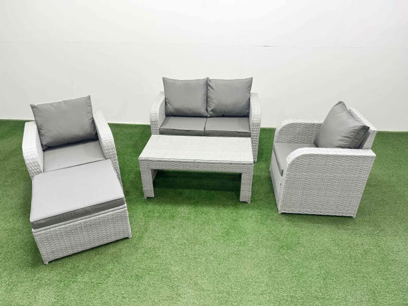 Fimous Light Grey PE Wicker Rattan Garden Furniture Set Sofa Set Reclining Adjustable Chair Oblong Coffee Table 5 Seater With Footstool