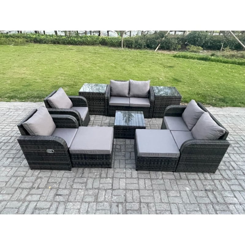 Fimous Garden Furniture Set Rattan Outdoor Lounge Sofa Chair With Tempered Glass Table 2 Big Footstool 2 Side Tables Dark Grey Mixed