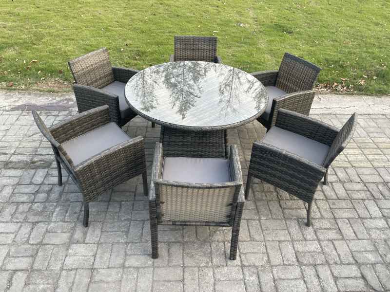 Fimous Wicker PE Outdoor Rattan Garden Furniture Arm Chair And Table Dining Sets 6 Seater Large Round Table Dark Grey Mixed