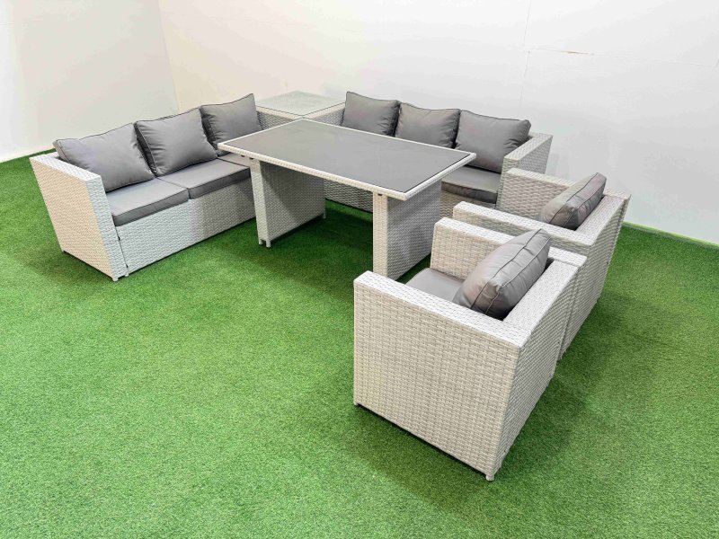 Fimous 8 Seater Wicker PE Rattan Furniture Outdoor Dining Table 3 Seater Sofa Armchair Set with Side Table Light Grey