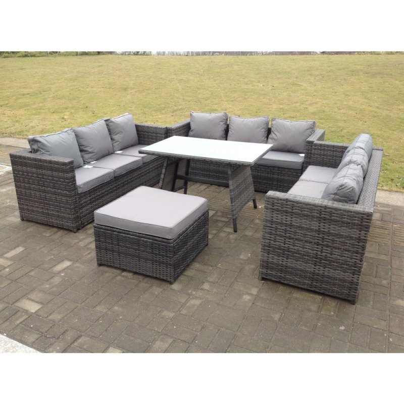 Fimous Outdoor Rattan Garden Furniture Lounge Sofa Set With Oblong Dining Table With Clear Tempered Glass And Big Footstool