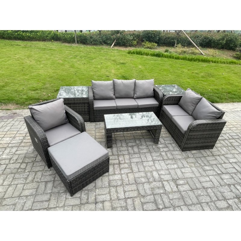 Fimous 7 Seater High Back Rattan Garden Furniture Set with Loveseat Sofa Rectangular Coffee Table 2 Side Tables Indoor Outdoor Patio Lounge Sofa Set Dark Grey Mixed