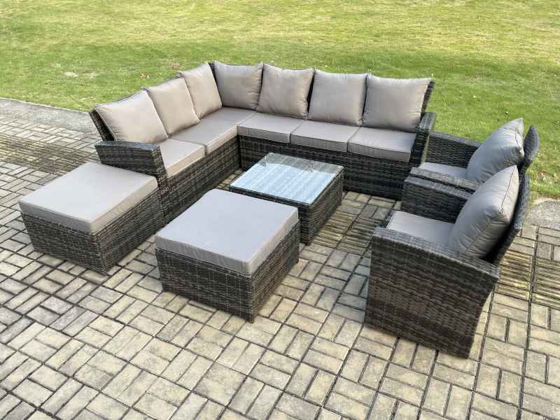 Fimous 10 Seat Rattan Garden Furniture Corner Sofa Set Outdoor Patio Sofa Table Set with 2 Big Footstool Dark Grey Mixed