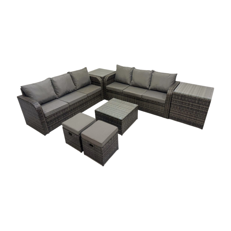 Fimous Rattan Garden Outdoor Furniture Set 3 Seater Sofa Square Coffee Table Set with 2 Side Tables 2 Small Stools Dark Grey Mixed