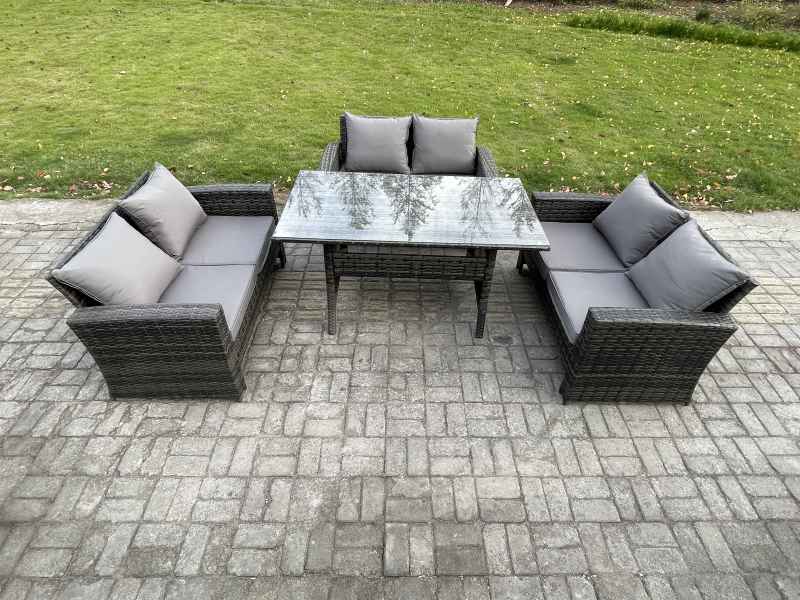 Fimous 6 Seater Rattan Wicker Garden Furniture Patio Conservatory Sofa Set Indoor Outdoor with Dining Table Double Seat Sofa
