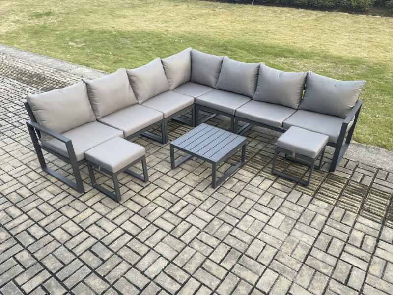Fimous Outdoor Garden Furniture Patio Lounge Corner Sofa Aluminium Set with Square Coffee Table 2 Small Footstools Dark Grey