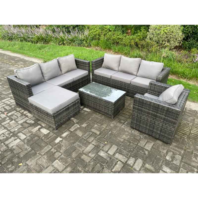 Fimous 8 Seater Rattan Garden Furniture Set Indoor Outdoor Patio Sofa Set with Oblong Coffee Table Armchair Big Footstool Dark Grey Mixed