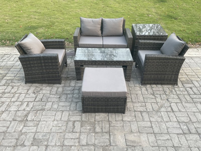 Fimous 5 Seater Outdoor Rattan Garden Furniture Set Patio Lounge Sofa Set with Coffee Table Big Footstool Side Table Dark Grey Mixed