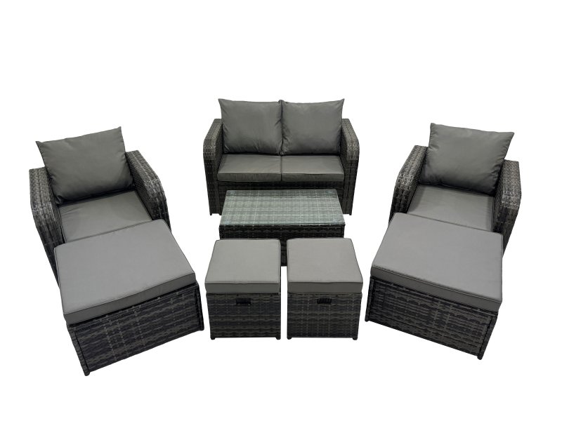 Fimous Outdoor Love Sofa Reclining Chair Coffee Table Set Garden Rattan Furniture Set 8 Seater with 4 Stools Dark Grey