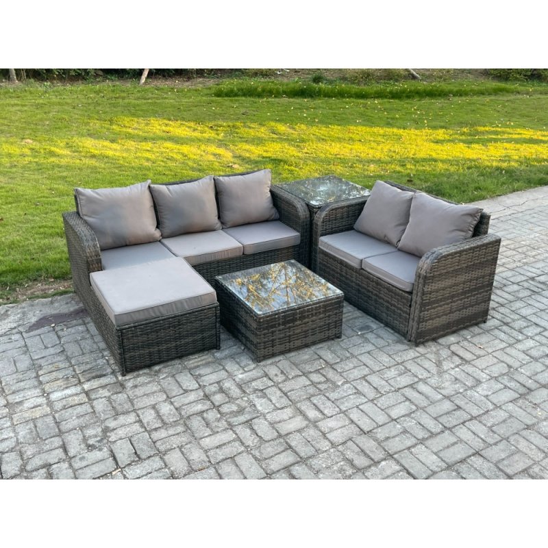 Fimous PE Rattan Garden Furniture Sets 6 Seater Outdoor Lounge Sofa Set Square Coffee Table Big Footstool Side Table