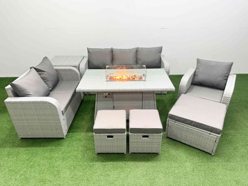 Fimous Patio PE Wicker 9 Seater Outdoor Rattan Furniture Sofa Sets with Firepit Dining Table Reclining Chair Loveseat Sofa 3 Seater Sofa Stool Side Table Light Grey
