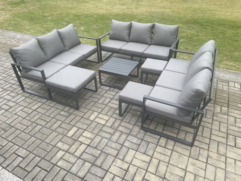 Fimous Aluminium Outdoor Garden Furniture Set Patio Lounge Sofa with Square Coffee Table 3 Footstools Conservatory Set Dark Grey
