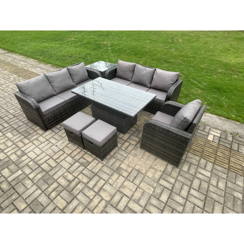 Fimous Outdoor Rattan Garden Furniture Sets Height Adjustable Rising lifting Dining Table Sofa Set with Reclining Chair Side Table 2 Small Footstools Dark Grey Mixed