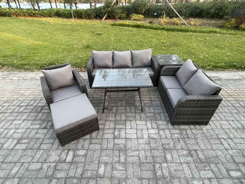 Fimous 7 Seater Outdoor Rattan Garden Furniture Set Patio Lounge Sofa Set with Dining Table Big Footstool Side Table Dark Grey Mixed