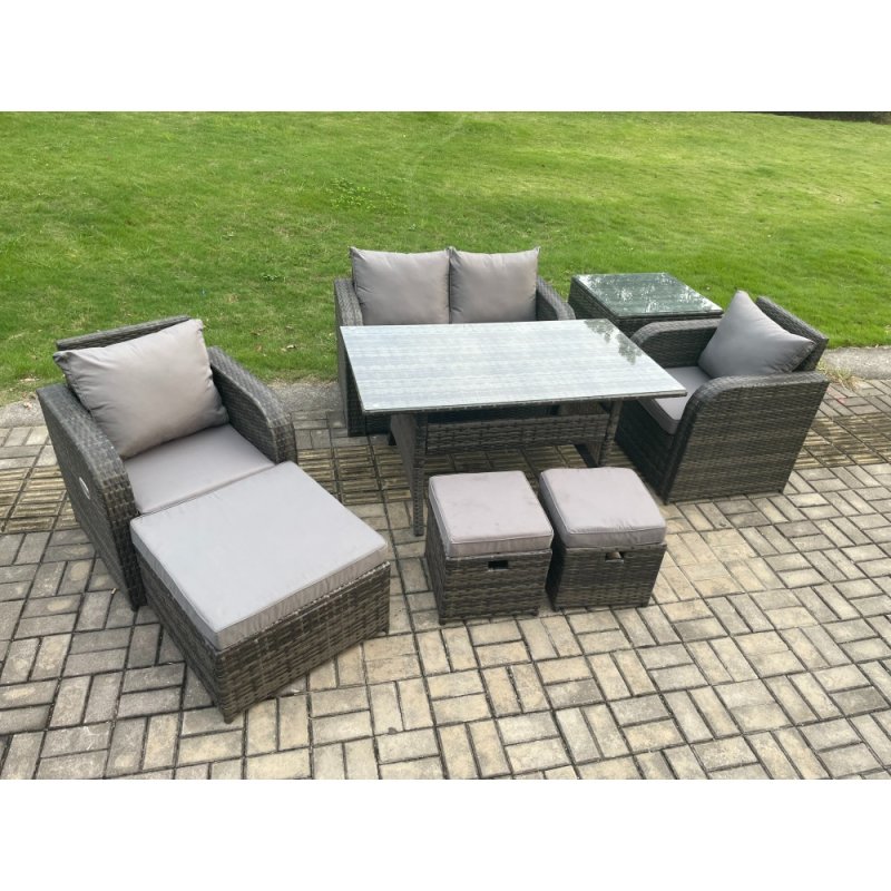 Fimous Rattan Outdoor Garden Furniture Set Rectangular Dining Table and Chair Sofa Set With Side Table 3 Footstools Dark Grey Mixed