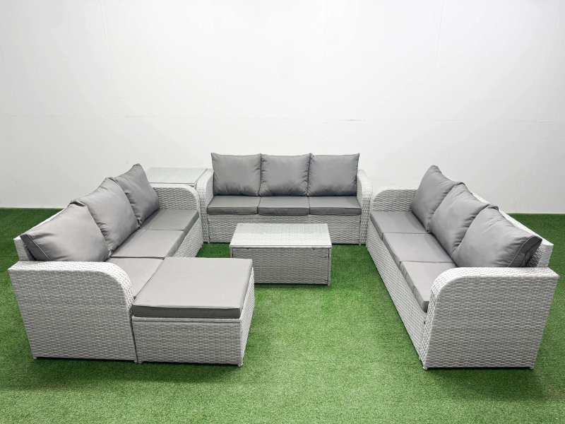Fimous PE Rattan Lounge Sofa Set 10 Seater Outdoor Garden Furniture Set with Rectangular Coffee Table 3 Seater Sofa Big Footstool Side Table Light Grey
