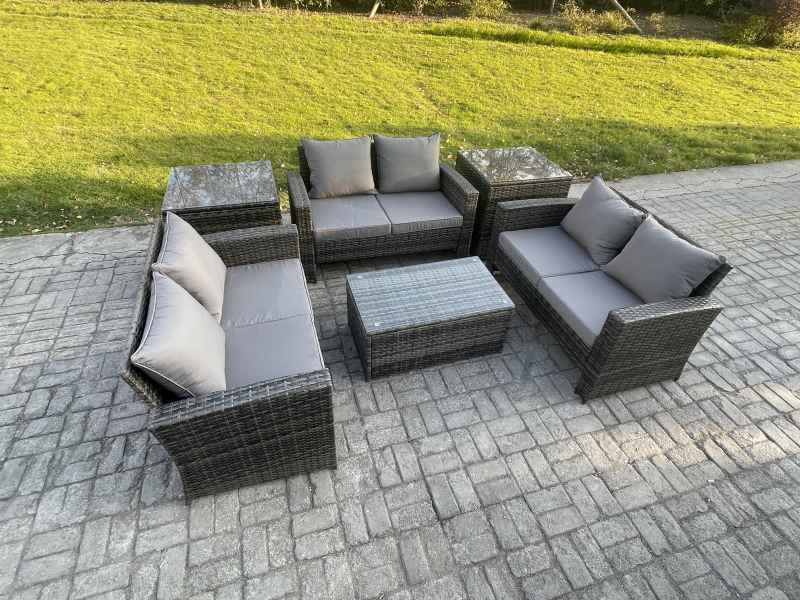 Fimous Dark Grey 6 Seater Outdoor Rattan Garden Furniture Set Patio Love Sofa Rectangular Coffee Table Set with 2 Side Tables
