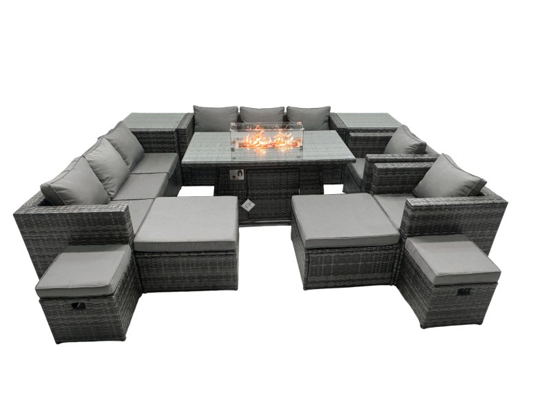 Fimous Rattan Garden Furniture Firepit Dining Set 12 Seater Lounge Sofa Table Set with 2 side table 2 big Footstool