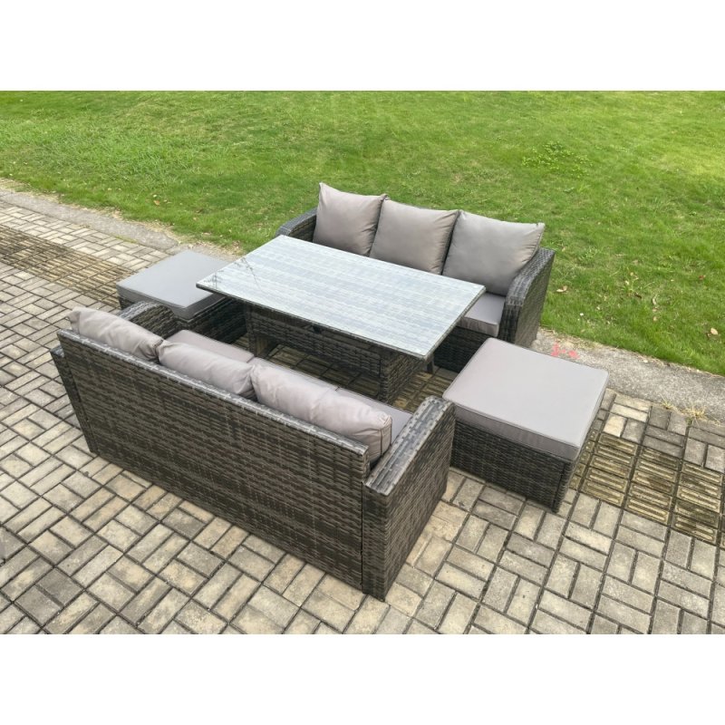 Fimous Patio Rattan Garden Furniture Set with Oblong Rectangular Dining Table 2 Big Footstool 5 Pieces Outdoor Lounge Sofa Set Dark Grey Mixed