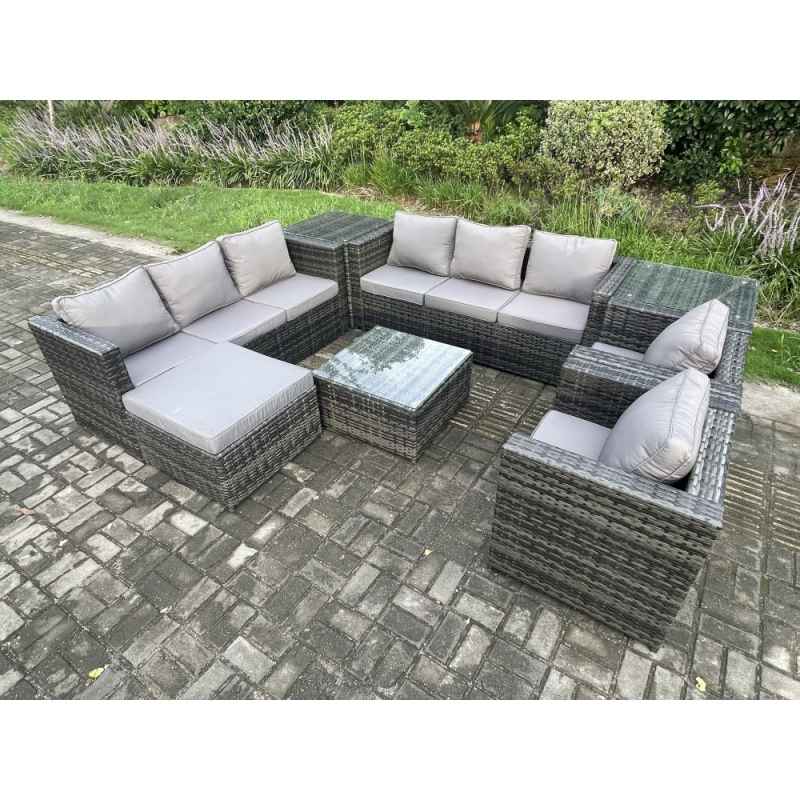 Fimous Rattan Garden Furniture Sofa Set with 2 Armchairs Square Coffee Table Side Table Big Footstool Indoor Side Table 9 Seater Outdoor Rattan Set Dark Grey Mixed