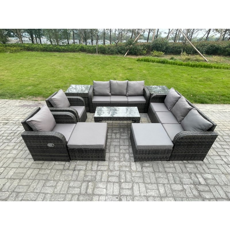 Fimous 10 Seater Wicker PE Rattan Sofa Set Outdoor Patio Garden Furniture Set with Reclining Chairs Coffee Table 2 Side Tables 2 Big Footstool Dark Grey Mixed