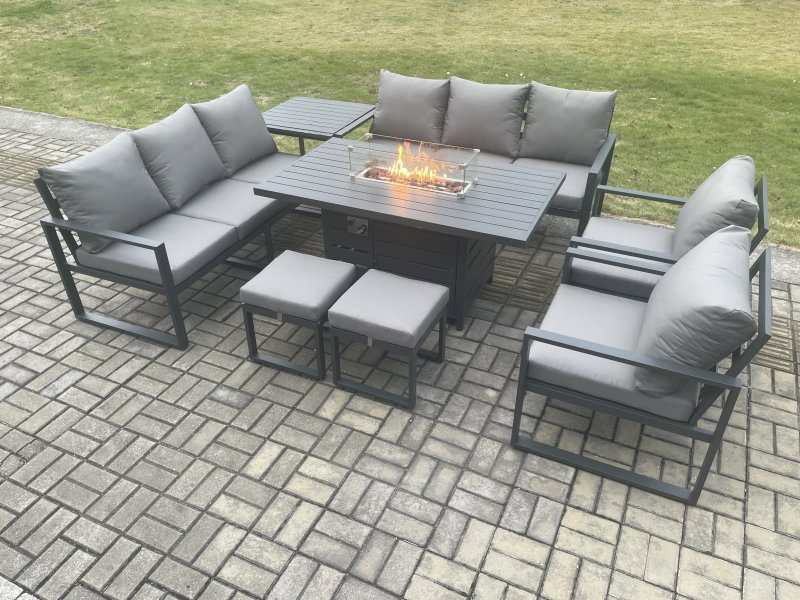 Fimous Aluminium Outdoor Garden Furniture Set Patio Lounge Sofa Gas Fire Pit Dining Table Set with 2 Small Footstools Side Table Dark Grey