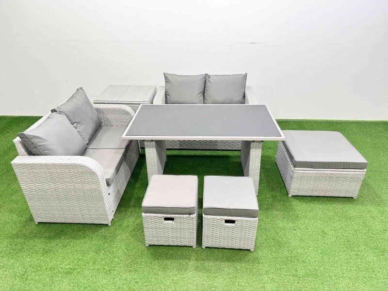 Fimous 7 Pieces Outdoor PE Rattan Sofa Set Patio Garden Furniture Sets with Cushions Side Table 3 Stools Light Grey