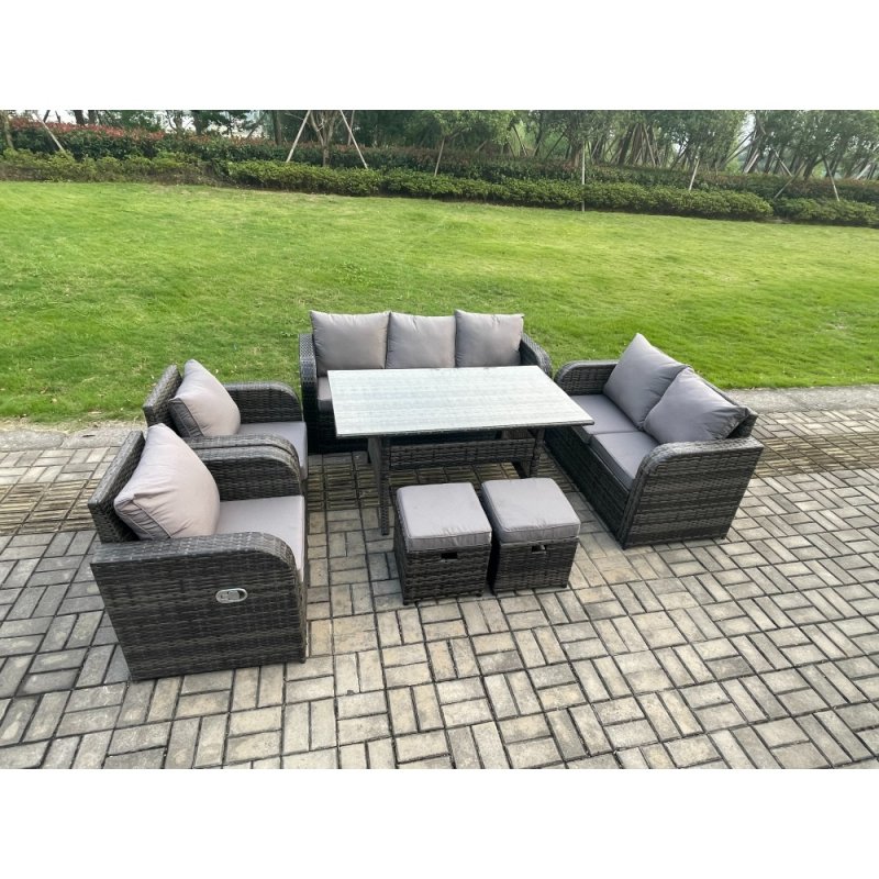 Fimous 9 Seater Lounge Rattan Sofa Set Outdoor Garden Furniture Oblong Rectangular Dining Table With Adjustable Chair Love Sofa 2 Small Footstools Dark Grey Mixed