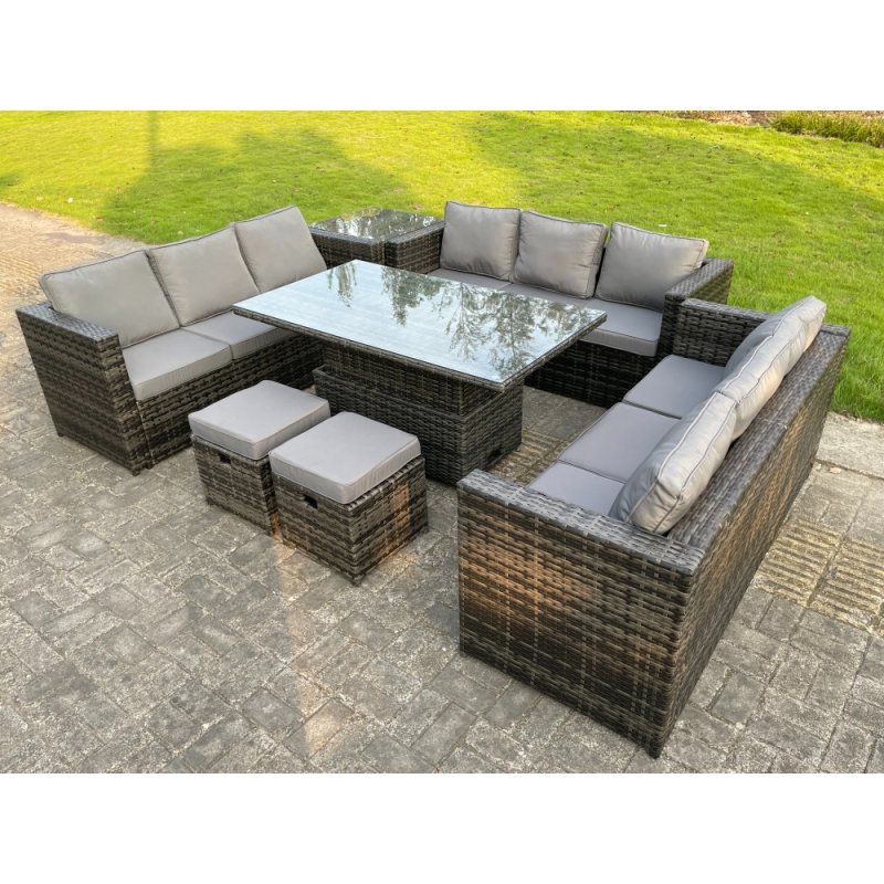 Fimous 11 Seater?Outdoor Rattan Sofa Set Lounge Adjustable Rising Lifting Side Tables Chairs Footstool Dark Grey Mixed