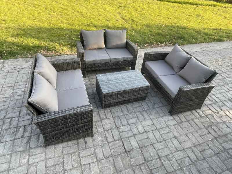 Fimous Dark Grey 6 Seater Outdoor Rattan Garden Furniture Set Patio Love Sofa Rectangular Coffee Table Set
