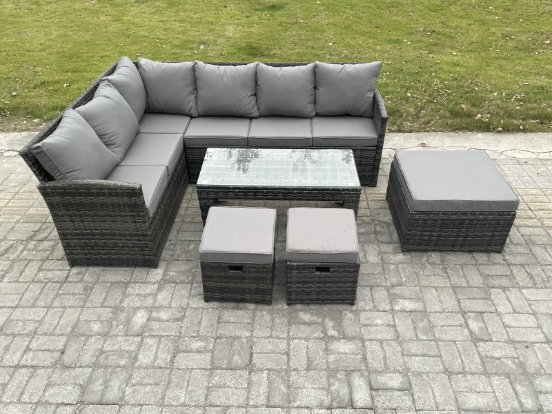 Fimous 9 Seater Outdoor Rattan Garden Furniture Set Corner Sofa Oblong Coffee Table Sets with Patio 3 Footstools Dark Grey Mixed