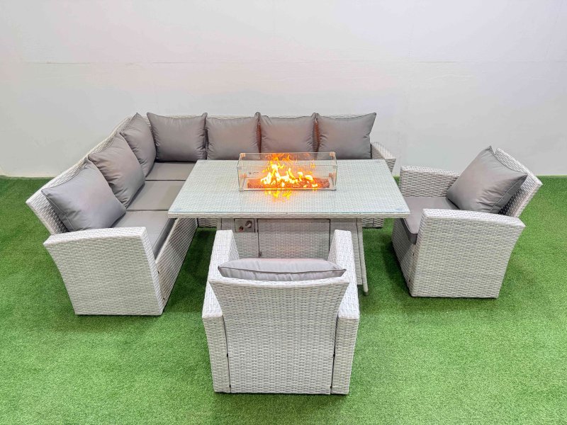 Fimous Rattan Corner Sofa Chair Set Outdoor Furniture Garden Dining Sets Gas Fire Pit Table with Temper Glass Light Grey Mixed