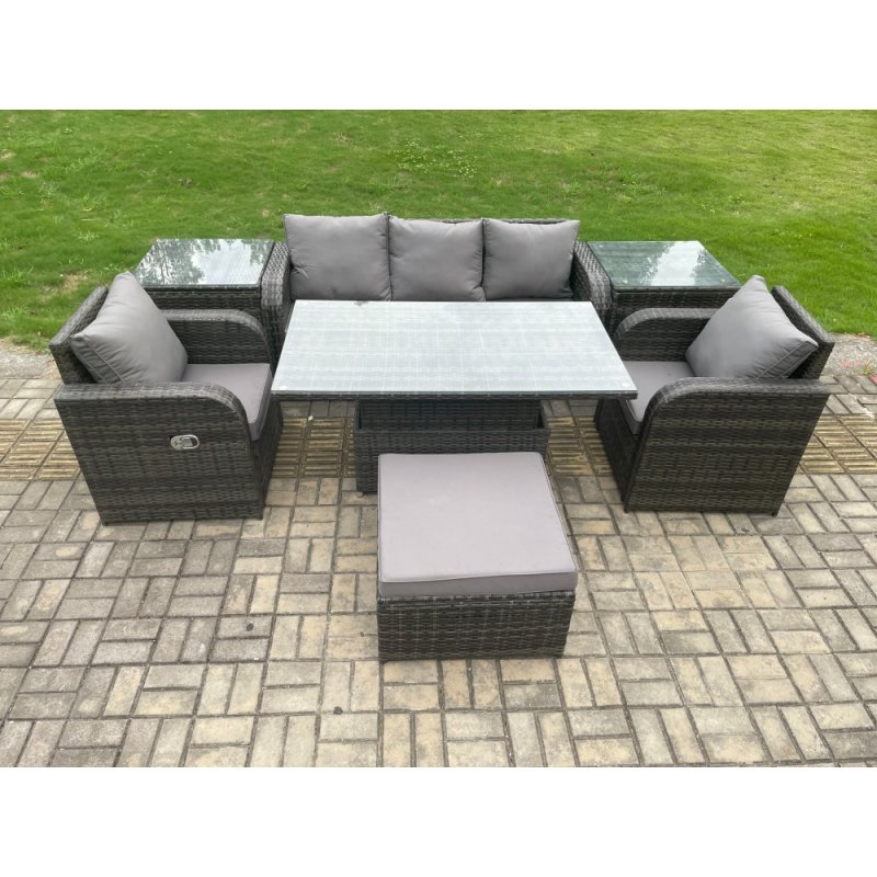 Fimous Wicker PE Rattan Outdoor Garden Furniture Set Height Adjustable Rising lifting Dining Table With Armchair 2 Side Tables Footstool