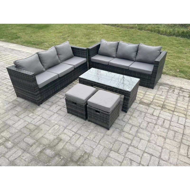 Fimous Outdoor Rattan Garden Furniture Lounge Sofa Set With Oblong Rectagular Coffee Table 2 Stools